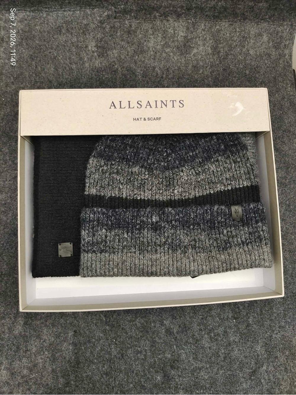NWB AllSaints Marl Stripe Scarf and Beanie Hat Set Striped Winter Cozy Gift